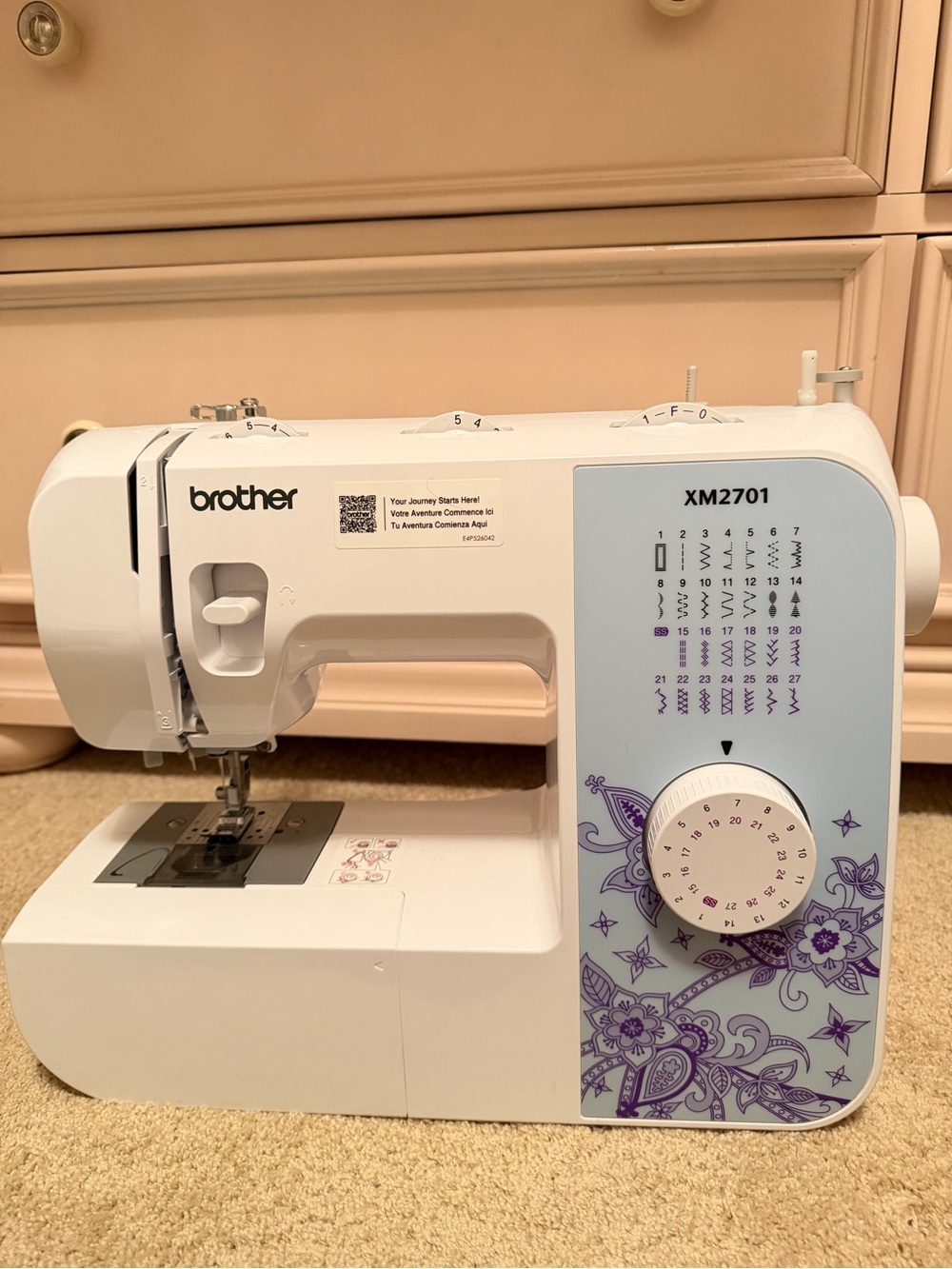 Brother XM2701 White Sewing Machine with Purple Floral Design